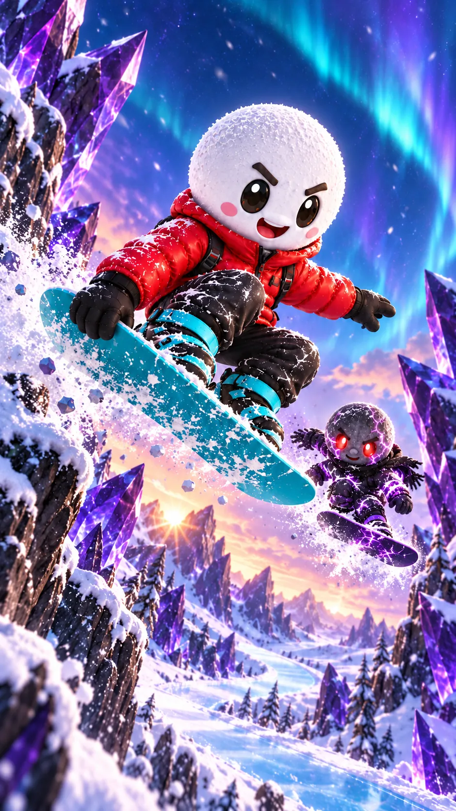 Rift, a snowman in a red jacket, snowboards under the northern lights